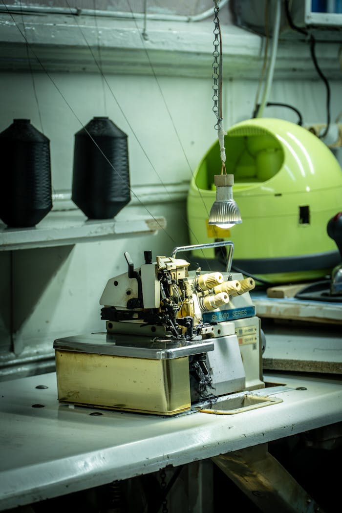 Close-up of an industrial sewing machine in a workshop setting.